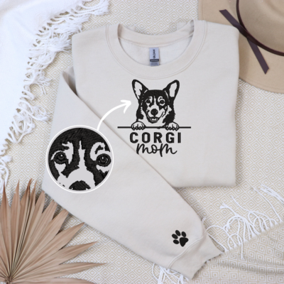 Corgi Mama Embroidered Crewneck Sweatshirts Hoodies, Full Chest w/ Sleeve Embroidery