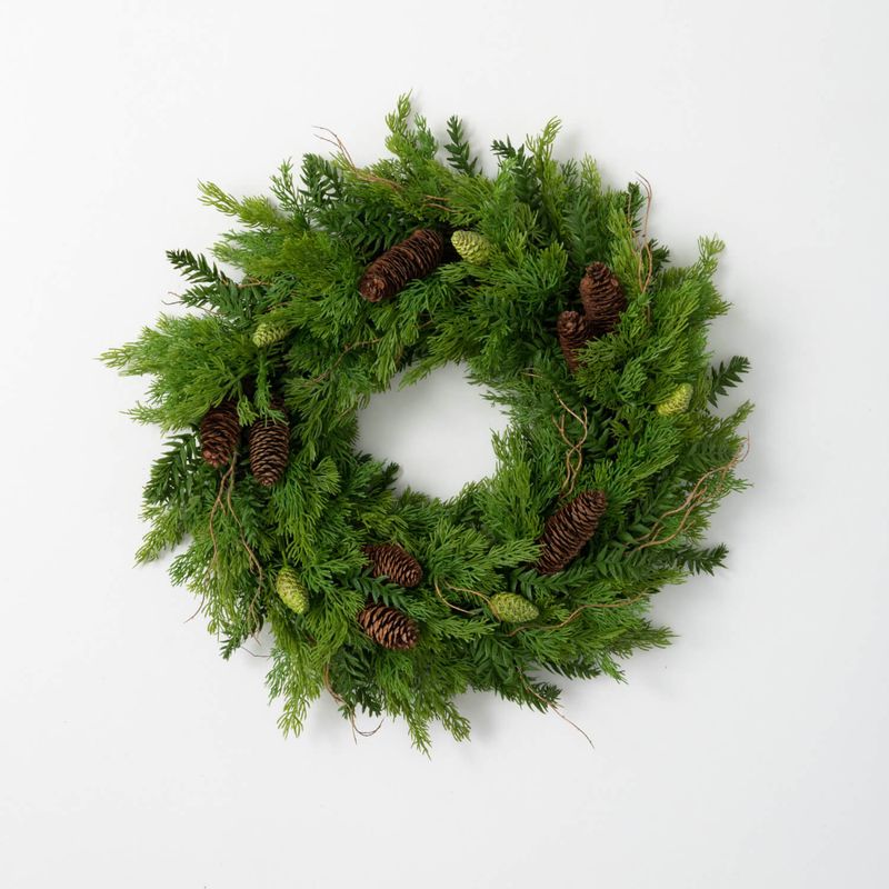 Classic cedar sprigs and hemlock greens wreath
