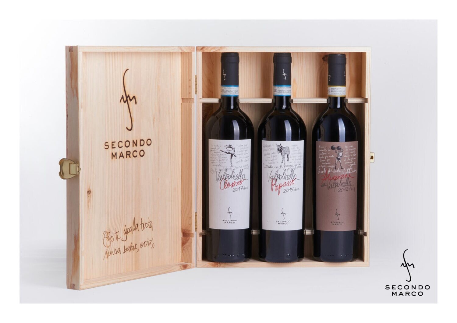CASSETTA DI LEGNO SECONDO MARCO CONTENENTE 1BT VALPOLICELLA CLASSICO 2017 DOC, 1 BT VALPOLICELLA RIPASSO 2015DOC, AMARONE DELLA VALPOLICELLA 2012 DOCG