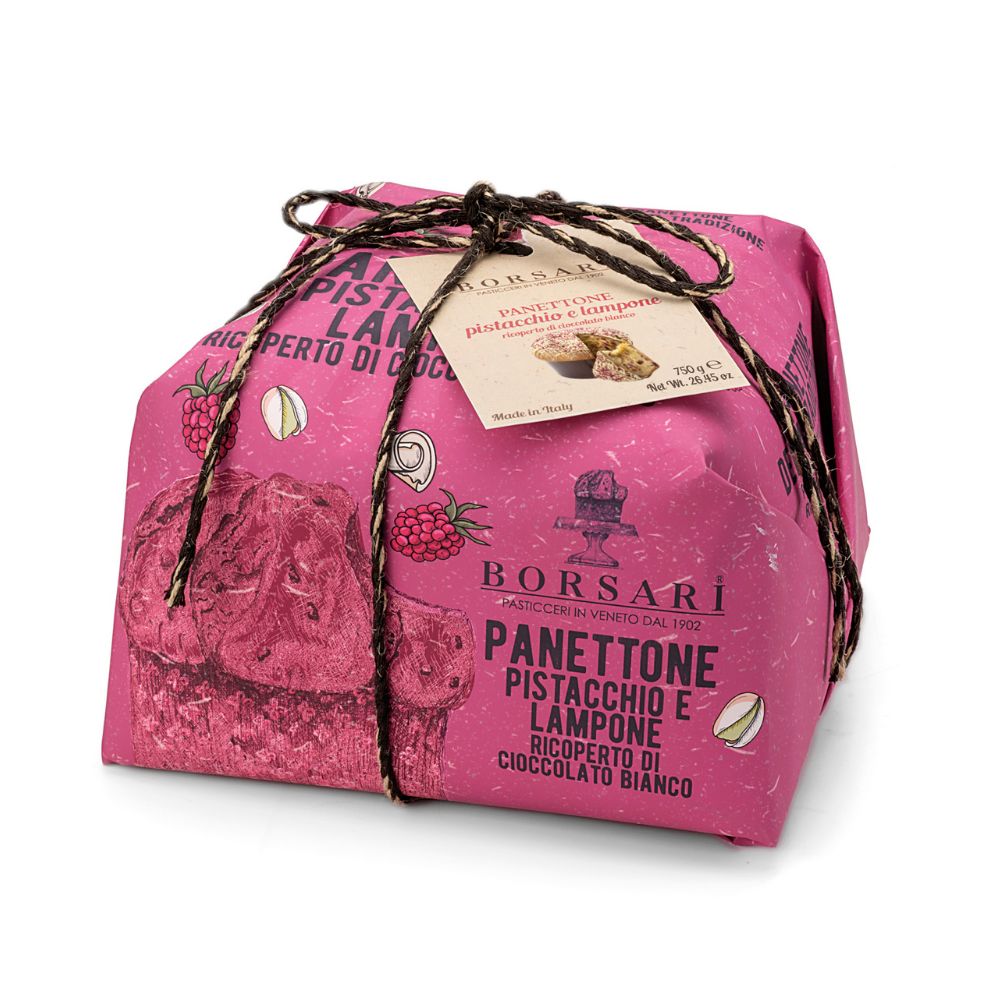 PANETTONE PISTACCHIO E LAMPONE RICOPERTO DI CIOCCOLATO BIANCO BORSARI 750G