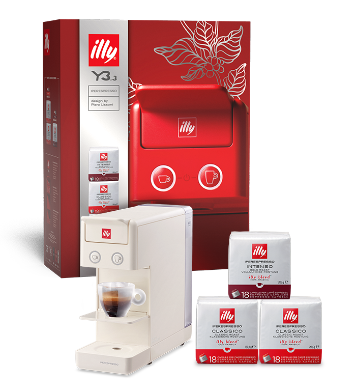 Y3.3 box – macchina da caffè Iperespresso Y3.3 bianca e 3 confezioni di capsule