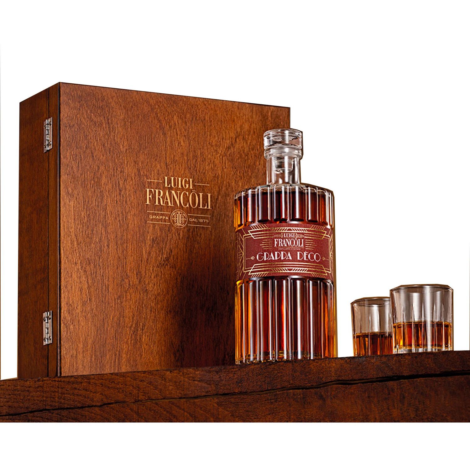 GRAPPA DECO LUIGI FRANCOLI 40% VOL. CL70 COFANETTO IN LEGNO + 2 BICCHIERI