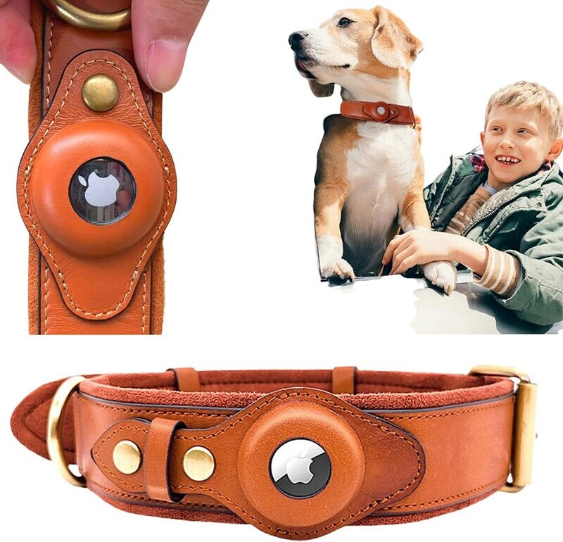 Leather Dog Collar with Airtag Holder Case (Pet Location Tracker )