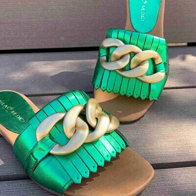 Carla De Medici Ciabatte Laminate Verdi con Catena Oro - Scarpe Donna