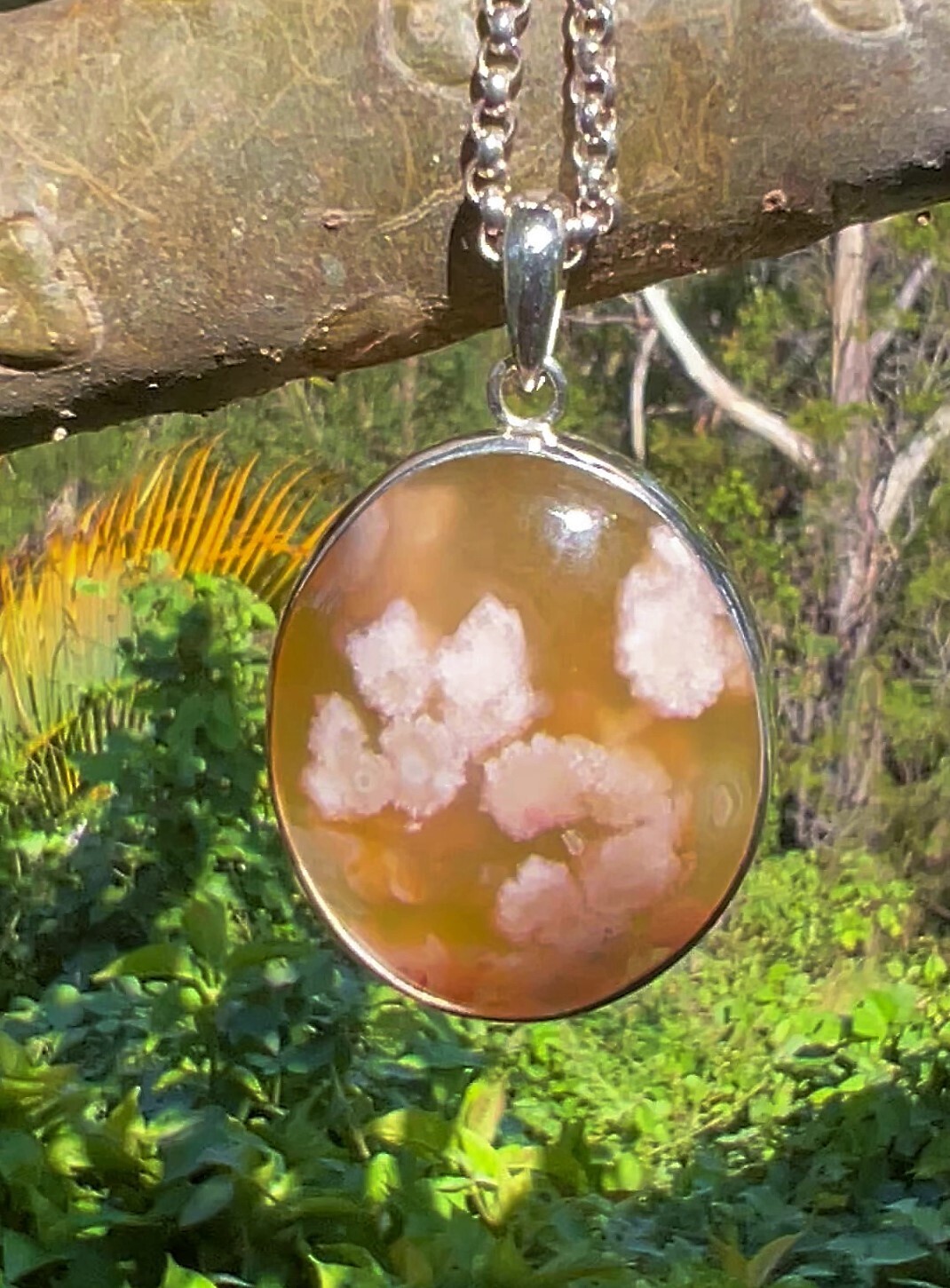 Natural Honey Cherry Blossom Agate Silver Pendant