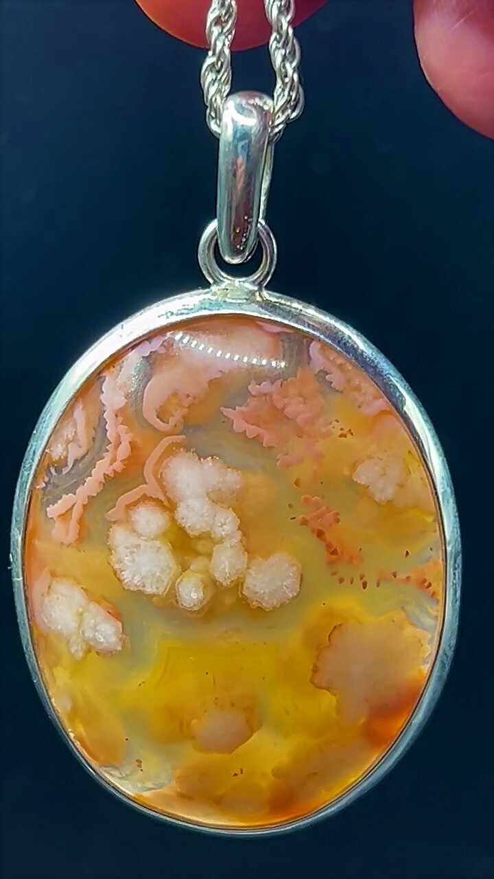 Natural Pink Cherry Blossom Agate Silver Pendant