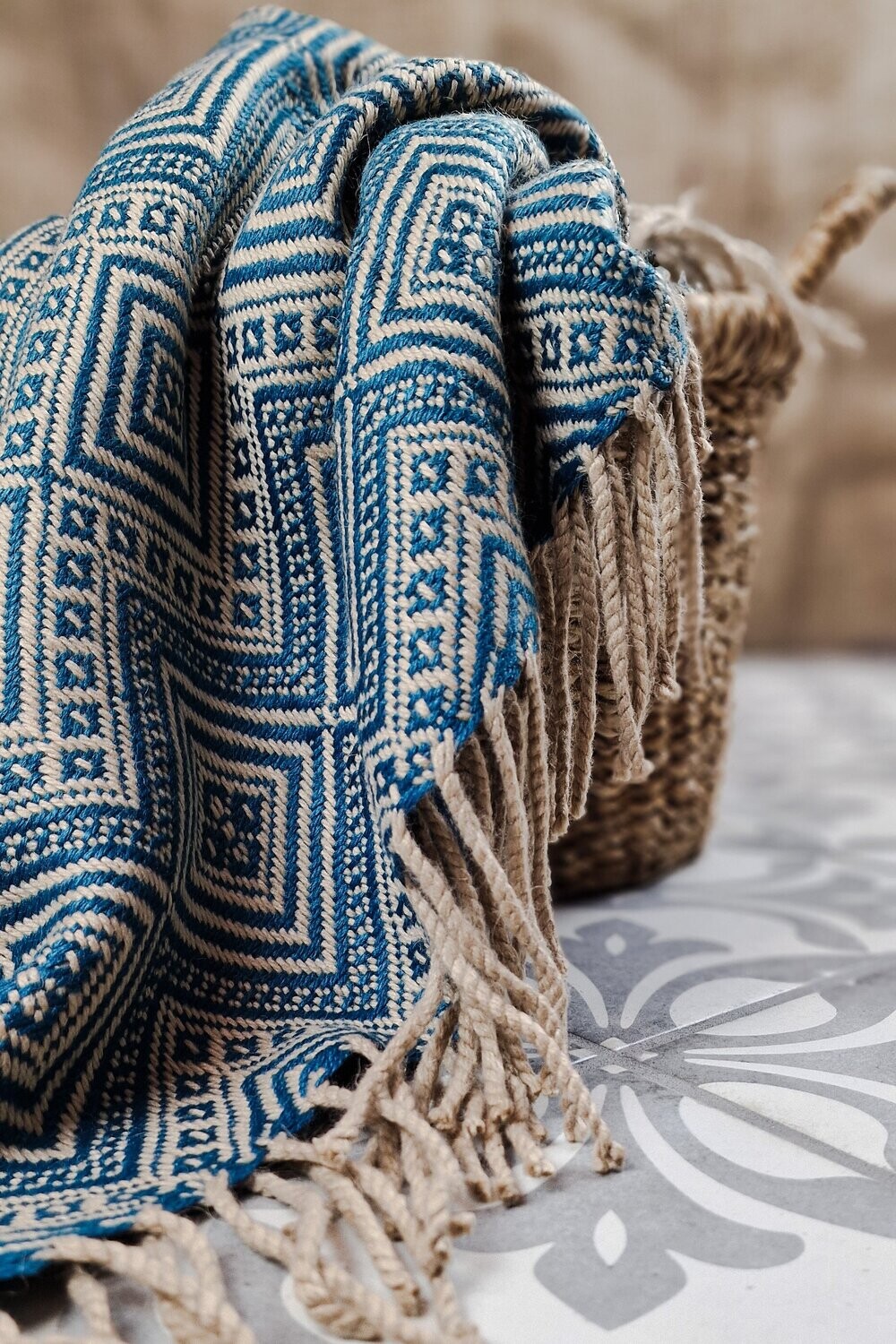 Alpaka-Decke "Suri" (ozeanblau/beige)