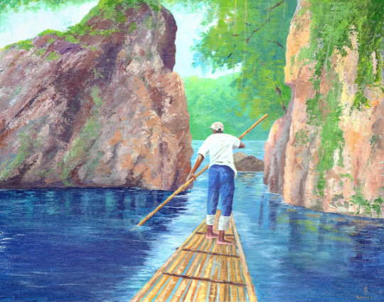 Bamboo Rafting in Blue Lagoon Art Print done by Jamaican Artist KavionArt