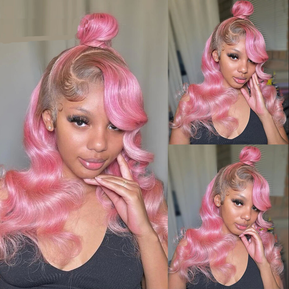 Ombre Pink Loose Body Wave Lace Front Wig PrePlucked 13x4 Lace Frontal Human Hair Wigs With Baby Hair Wig For Women 180% Density