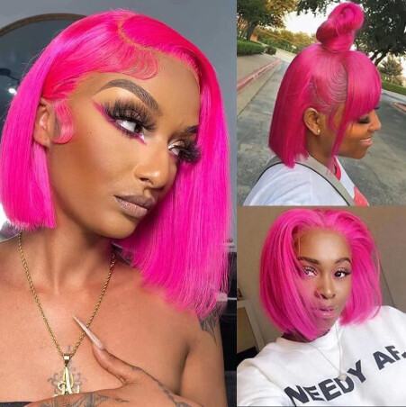 Hot Pink Colored Short Bob Raw 13x4 Lace Front Wigs For Women Human Hair Straight Wig Virgin Hair Free Shipping Lace Frontal Wig