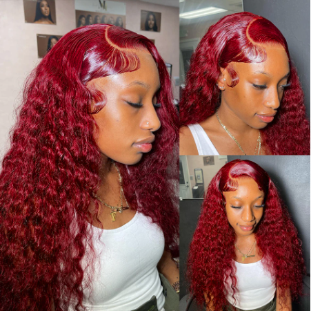 99J Burgundy Transparent Deep Wave Lace Frontal Wig 13x4 Red Color Brazilian Remy T Part Wig Curly Human Hair Wigs for Women