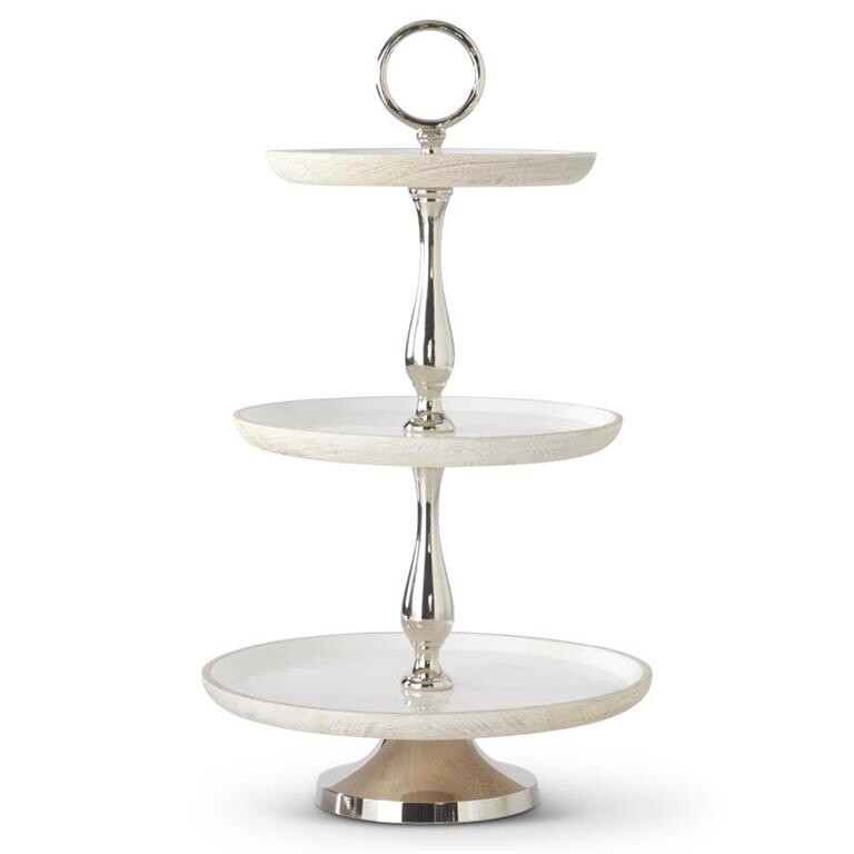 24&quot; Whitewash Mango Wood 3 Tier Stand