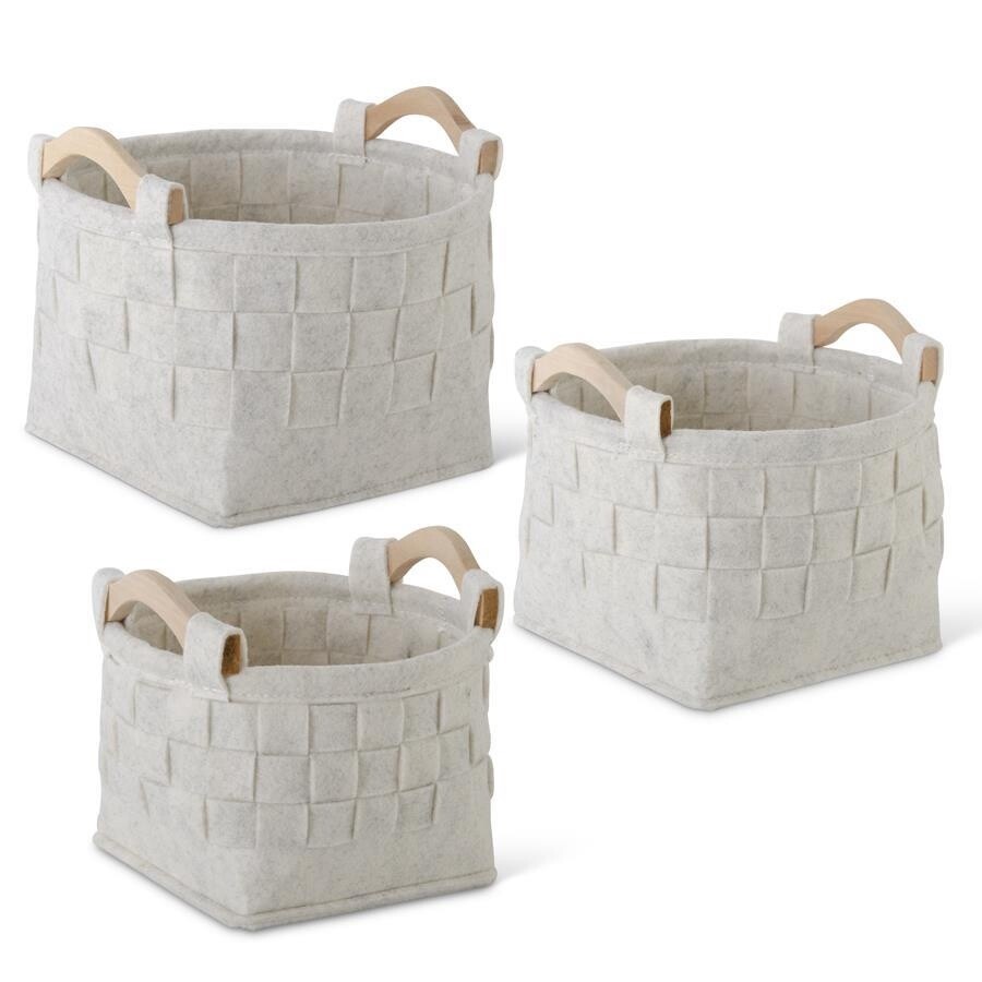 Round Woven Cream Felt Nesting Basket wood handles