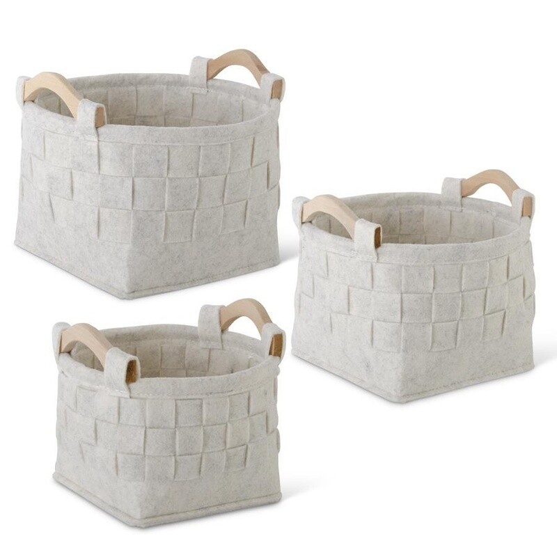 Round Woven Cream Felt Nesting Basket wood handles