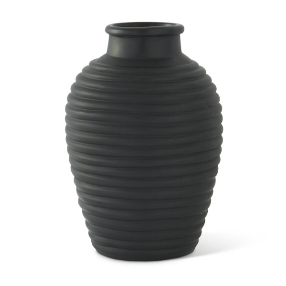 17.25&quot; Matte Black Hand Carved Ribbed Terracotta Vase