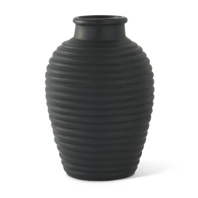 17.25" Matte Black Hand Carved Ribbed Terracotta Vase