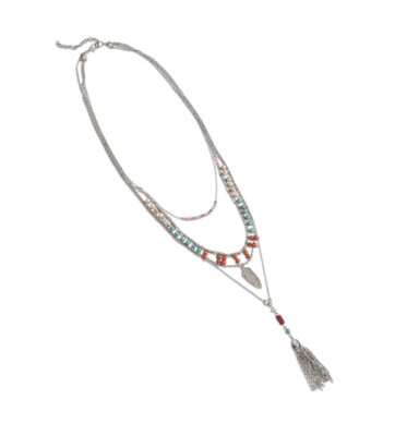 4 Strand Turquoise &amp; Coral Tassel Necklace