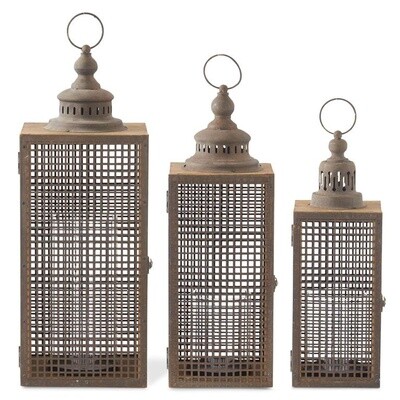 Wood and Rusted Metal Grid Lanterns