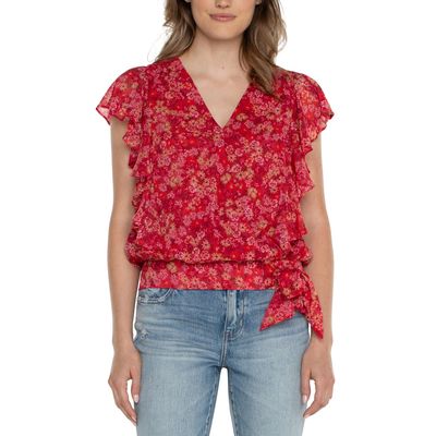 Liverpool Berry Blossom Ruffle Sleeve Draped Front Top With Waist Tie
