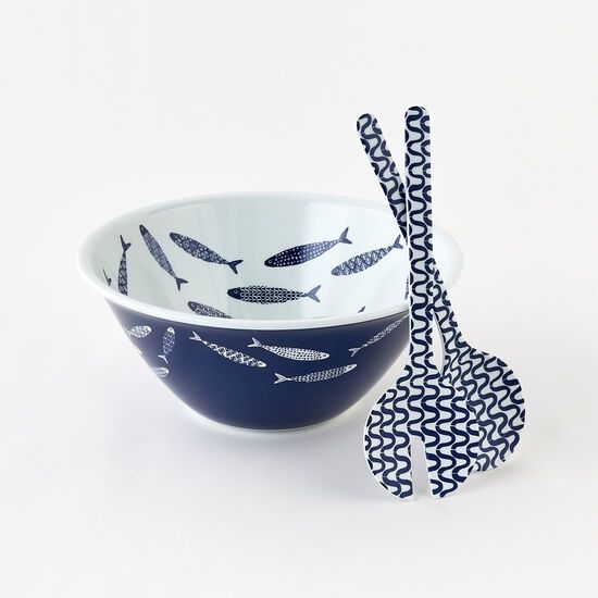 School Of Fish Melamine Salad Bowl &amp; Tongs