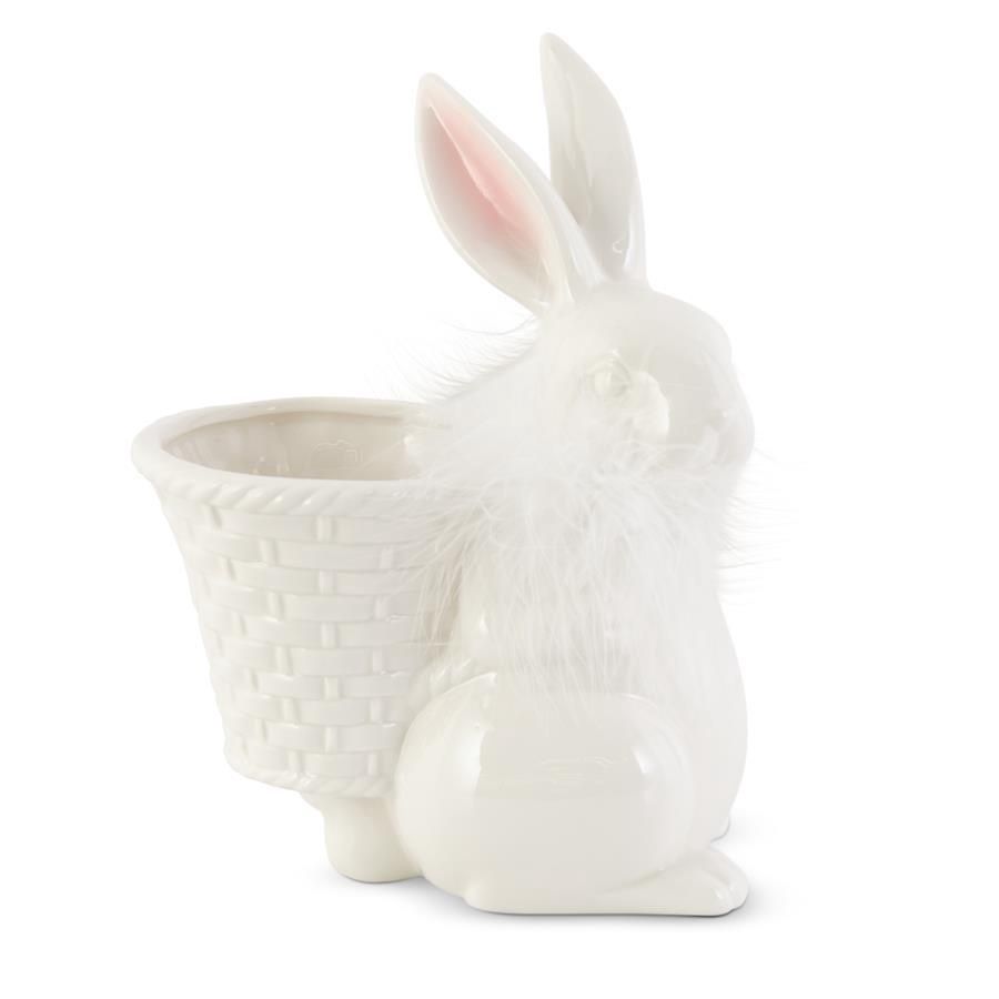 7.75&quot; White Porcelain Feathered Bunny With Basket