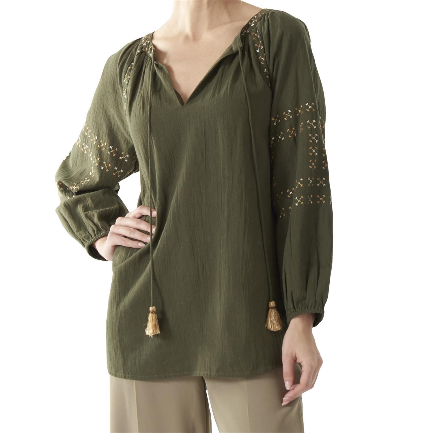Olive Embroidered Peasant Top
