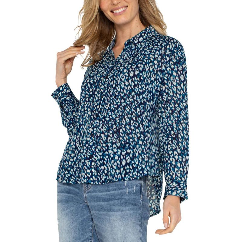 Liverpool Blue Topaz Animal Long Sleeve Button Up Shirt