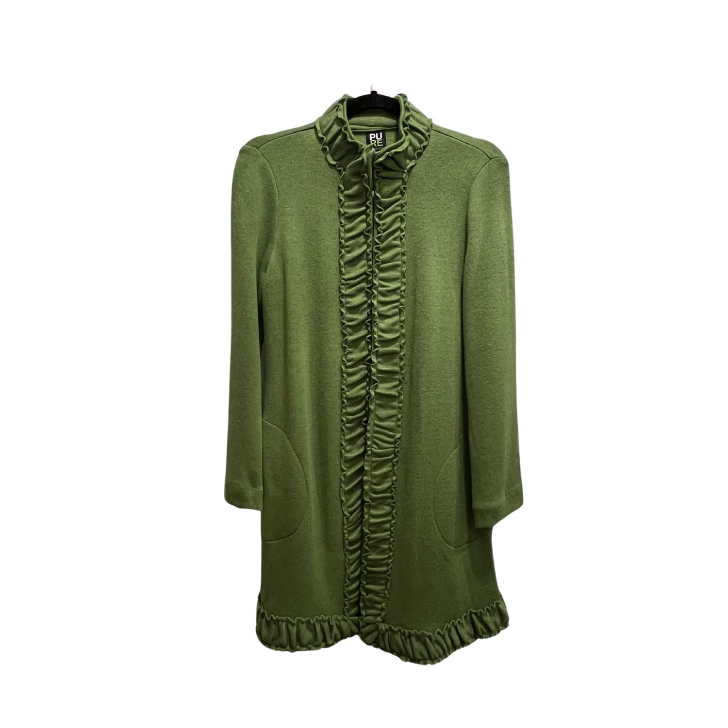 Pure Essence Ruffle Long Cardigan, Size: XS, Colour: Moss