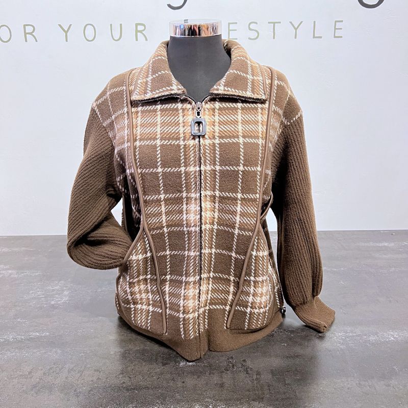 Papa Fashions Brown Plaid Zip Sweater Jacket