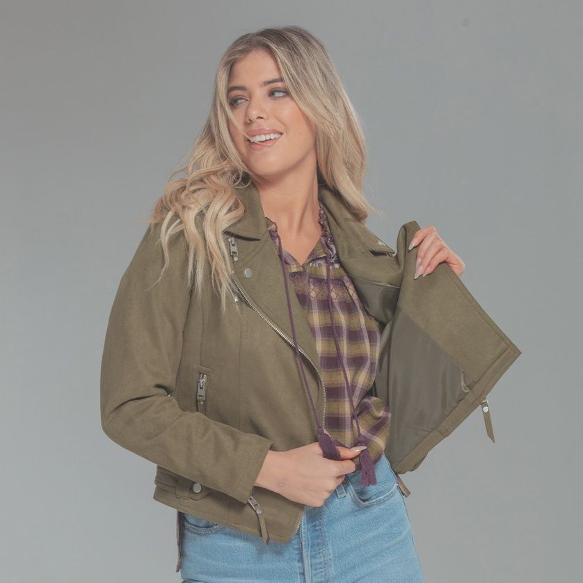 Paparazzi Faux Suede Bonded Moto Jacket, Size: S, Colour: Olive