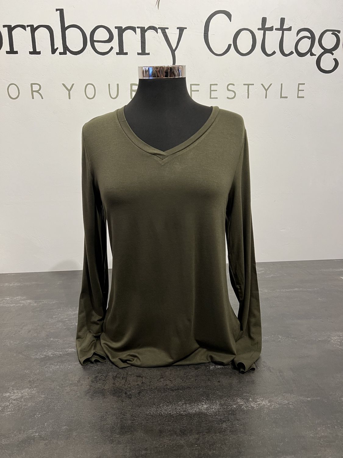 Keren Hart Olive Green Long Sleeve V Neck Shirt