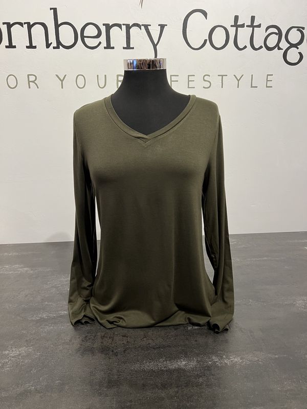 Keren Hart Olive Green Long Sleeve V Neck Shirt