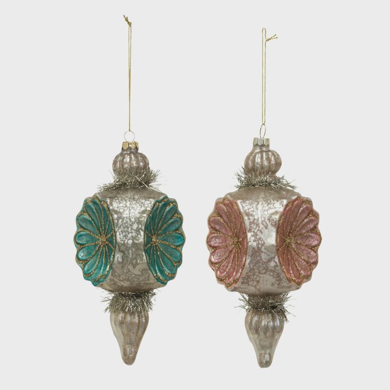 Mercury Glass Tinsel &amp; Glitter Finial Ornaments