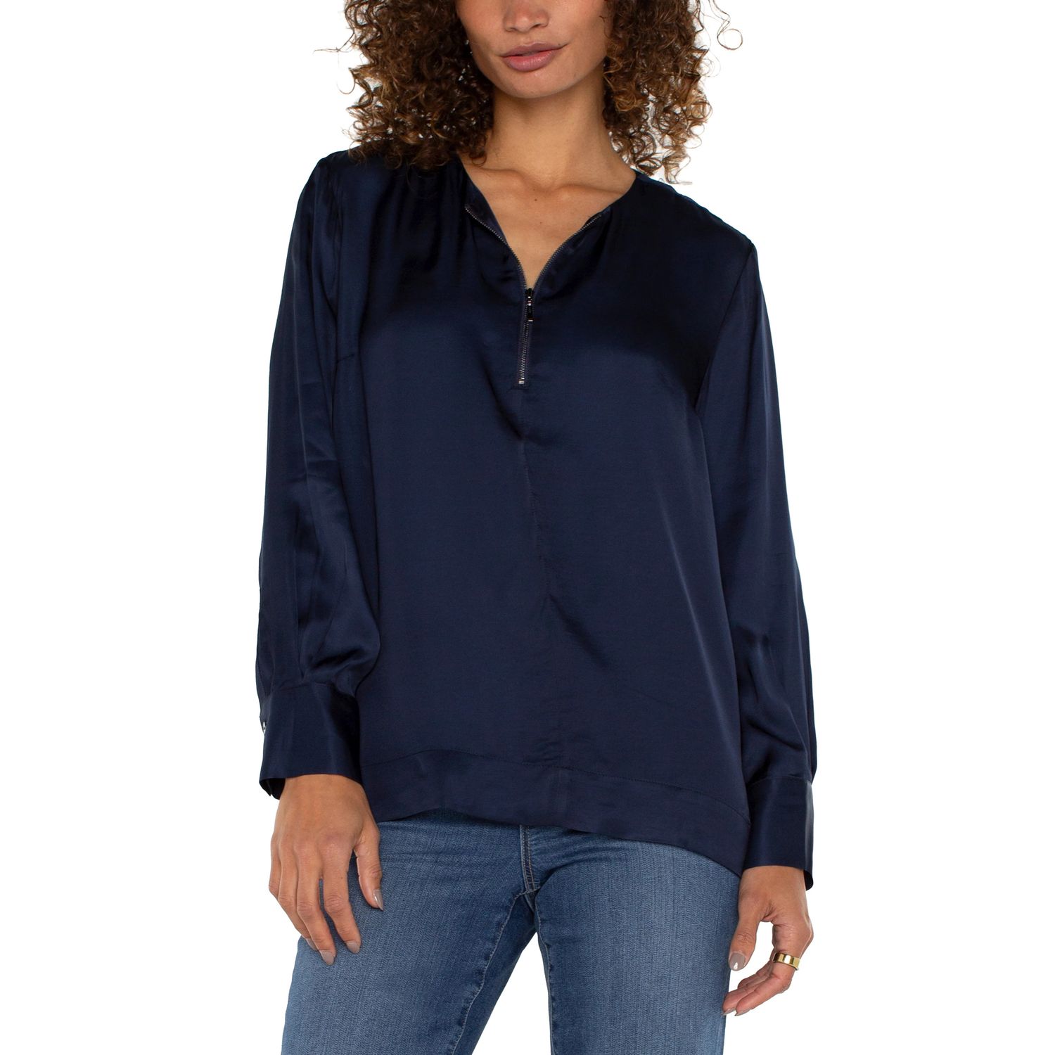 Liverpool Dark Navy Zip Front Collarless Long Sleeve Shirt