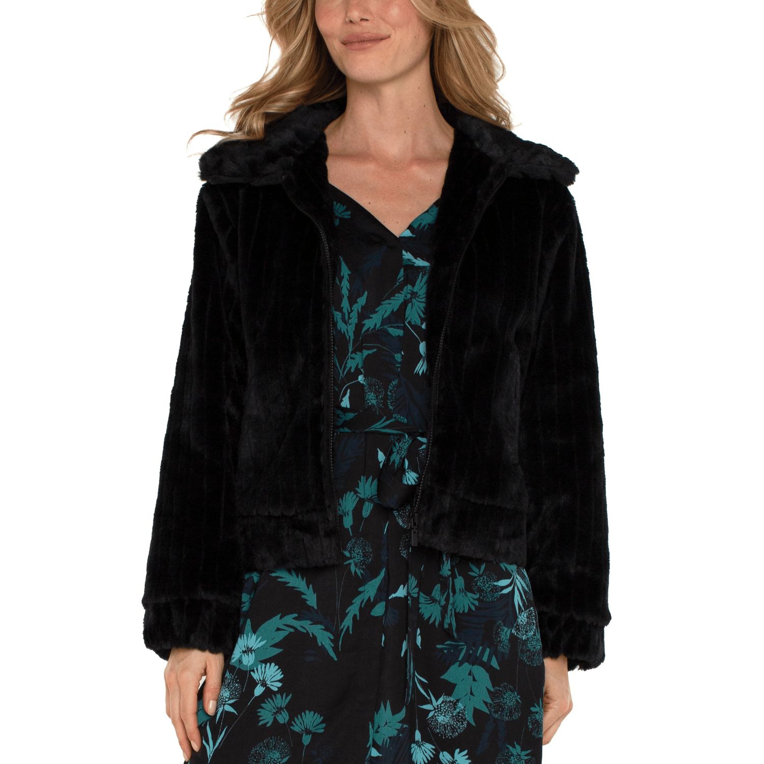 Liverpool Black Zip Up Cropped Fur Jacket