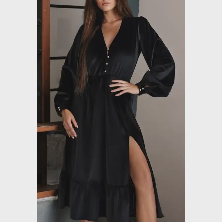 Black Velvet Buttoned V Neck Split Dress