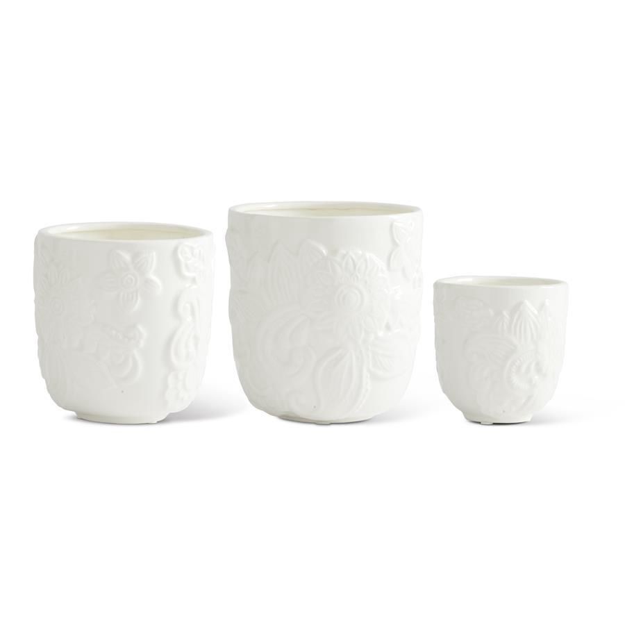 White Ceramic Paisley &amp; Floral Embossed Pot