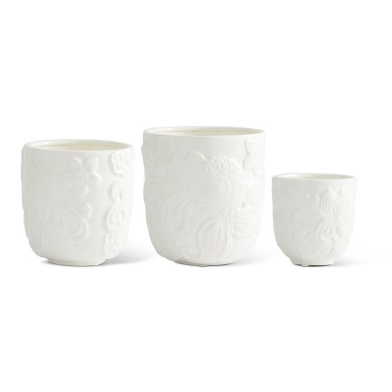 White Ceramic Paisley &amp; Floral Embossed Pot