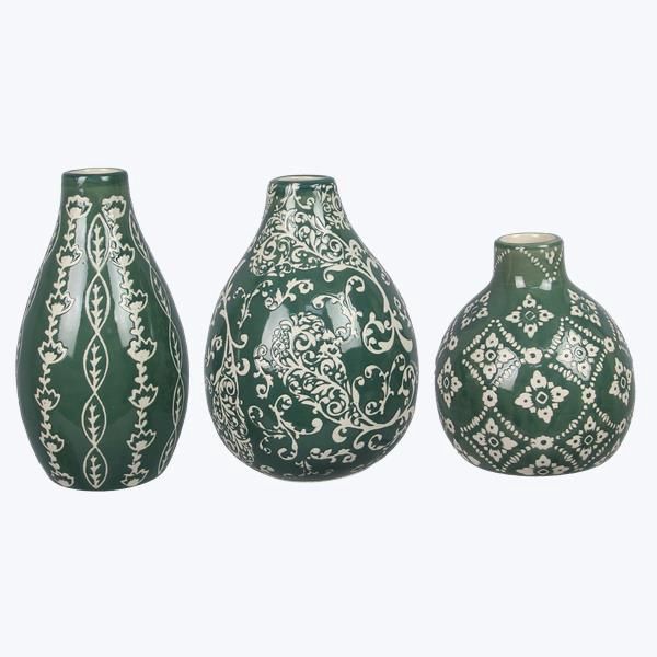 Stoneware Green Hand Stamped Mini Vase