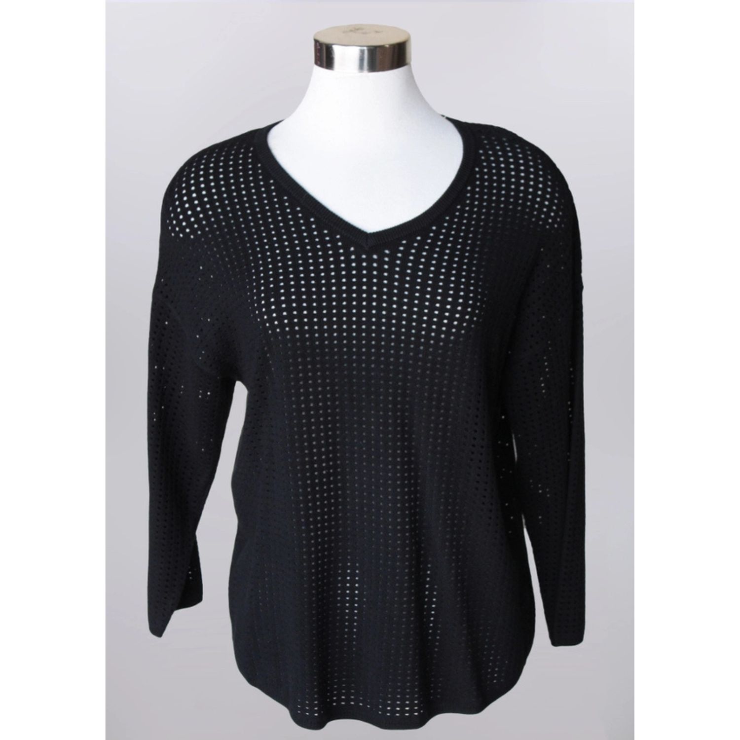 Keren Hart Open Knit V Neck 3/4 Sleeve Sweater