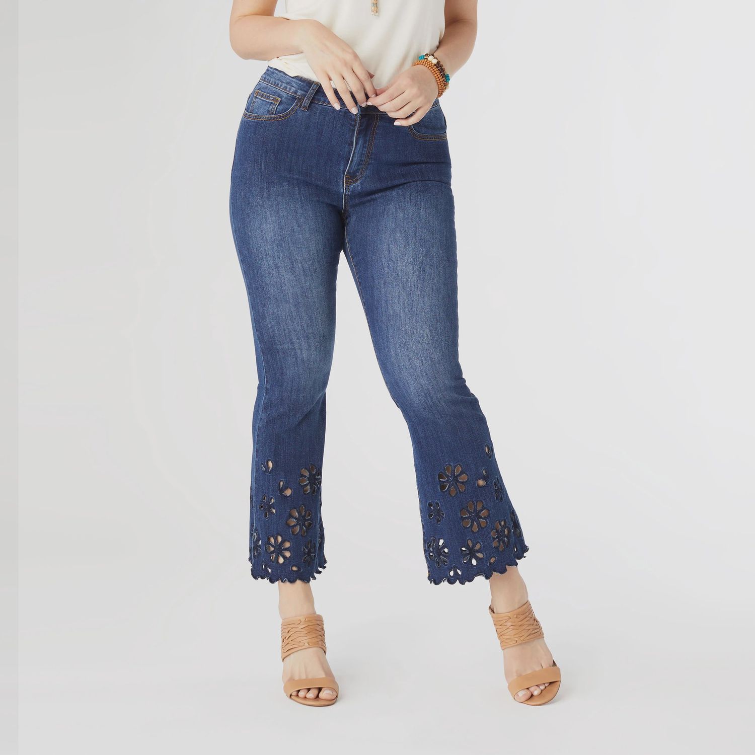 Coco &amp; Carmen Indigo Bamboo Soft Flare Ankle Jeans With Eyelet Flowers