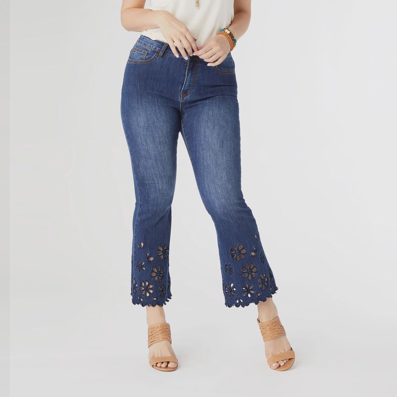 Coco &amp; Carmen Indigo Bamboo Soft Flare Ankle Jeans With Eyelet Flowers