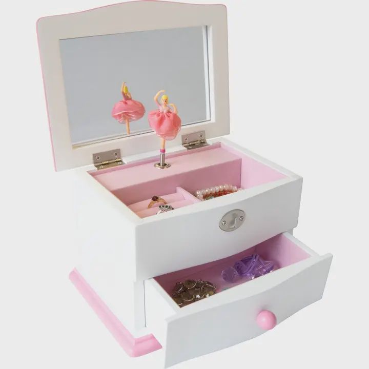 Katie White &amp; Pink Wooden Ballerina Musical Jewelry Box