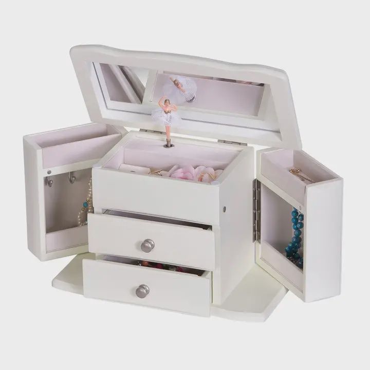 White Angelica Ballerina Wooden Musical Jewelry Box