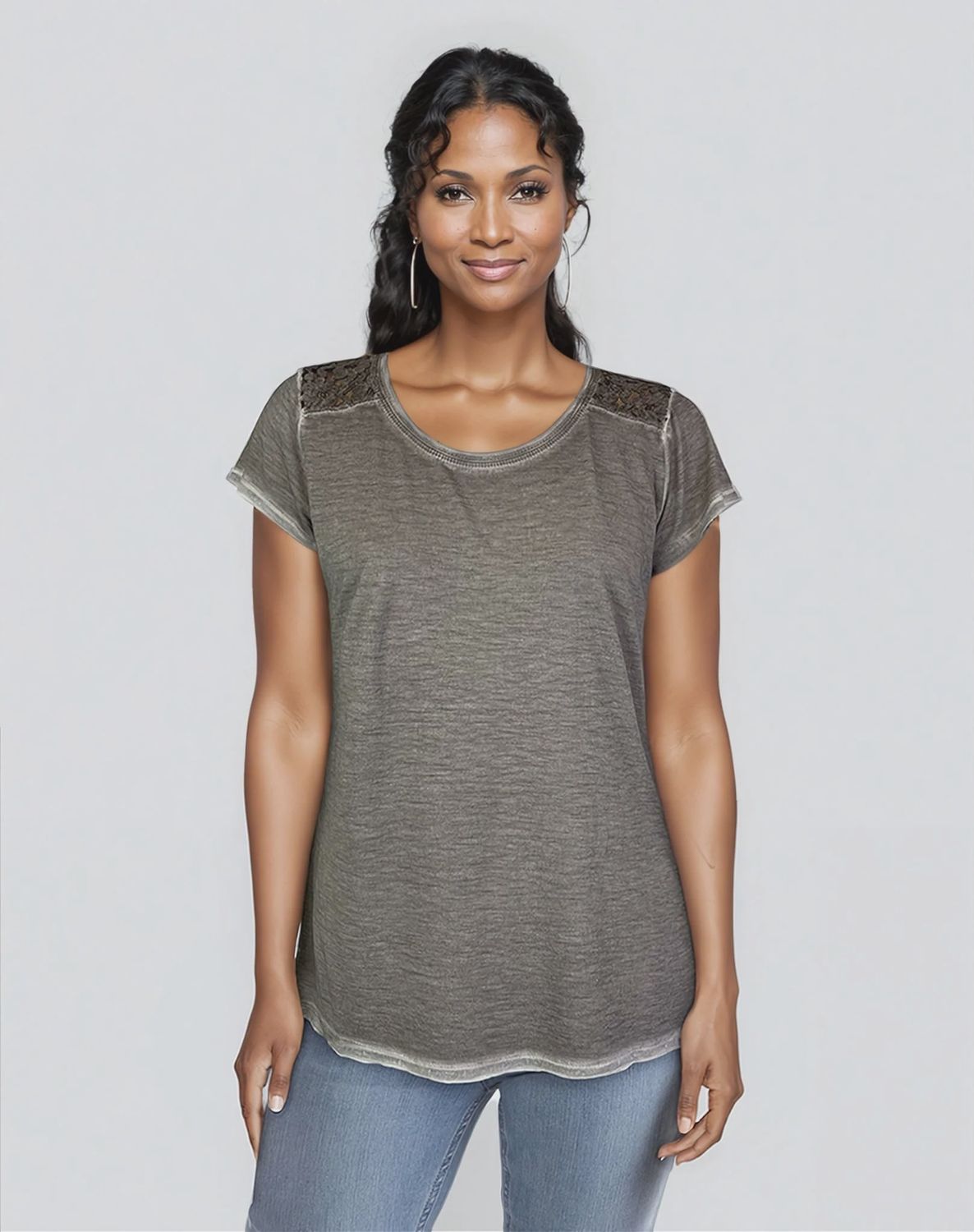 Dantelle Short Sleeve Crochet Back Satellite Grey Top