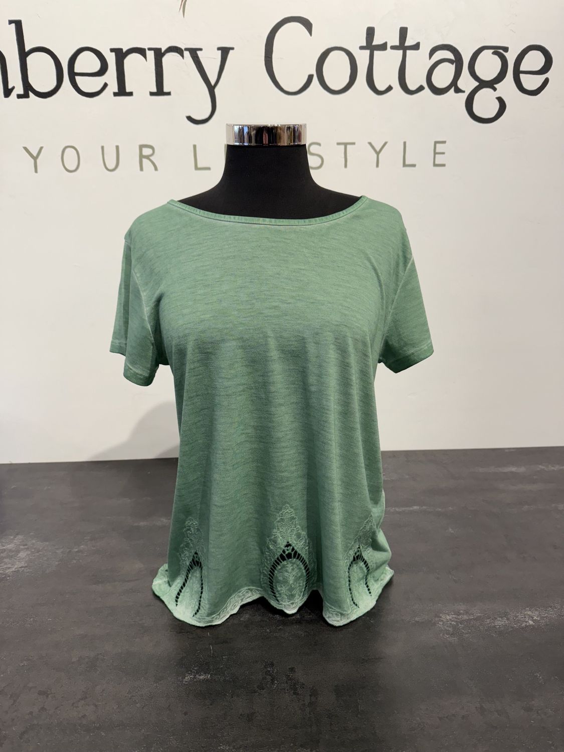 Dantelle Embroidered Hem Agave Green Short Sleeve Top