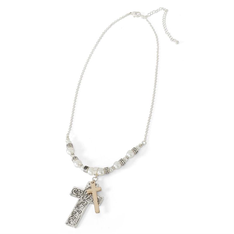 Silver &amp; Gold Beaded Cross Necklace