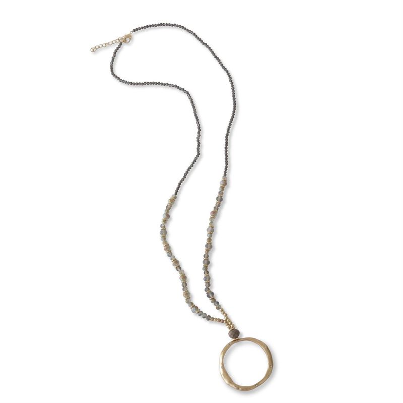 Iridescent Grey Beads &amp; Gold Pendant Necklace
