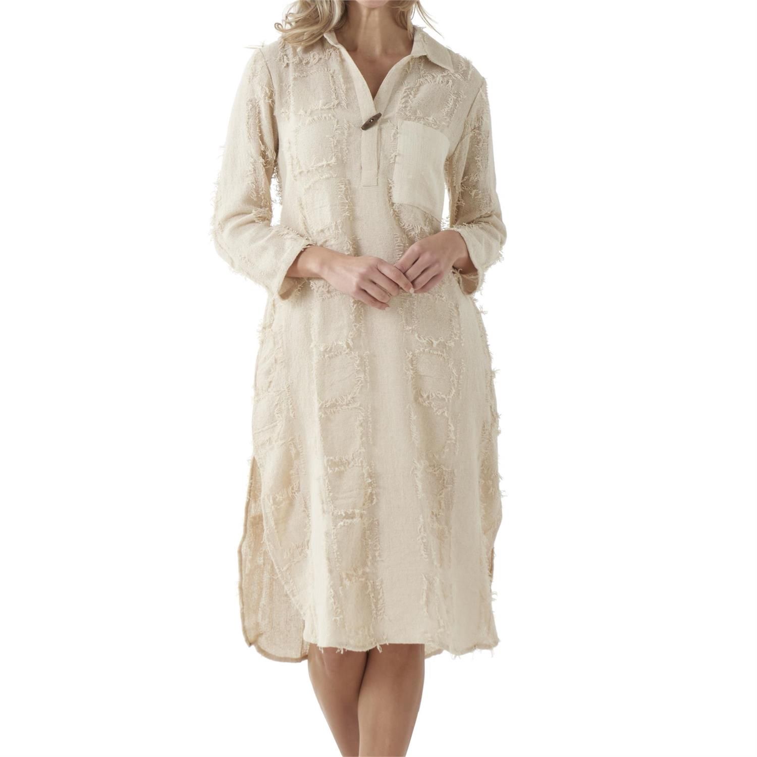 Crosstree Lanes Beige Linen Fringe Square Dress