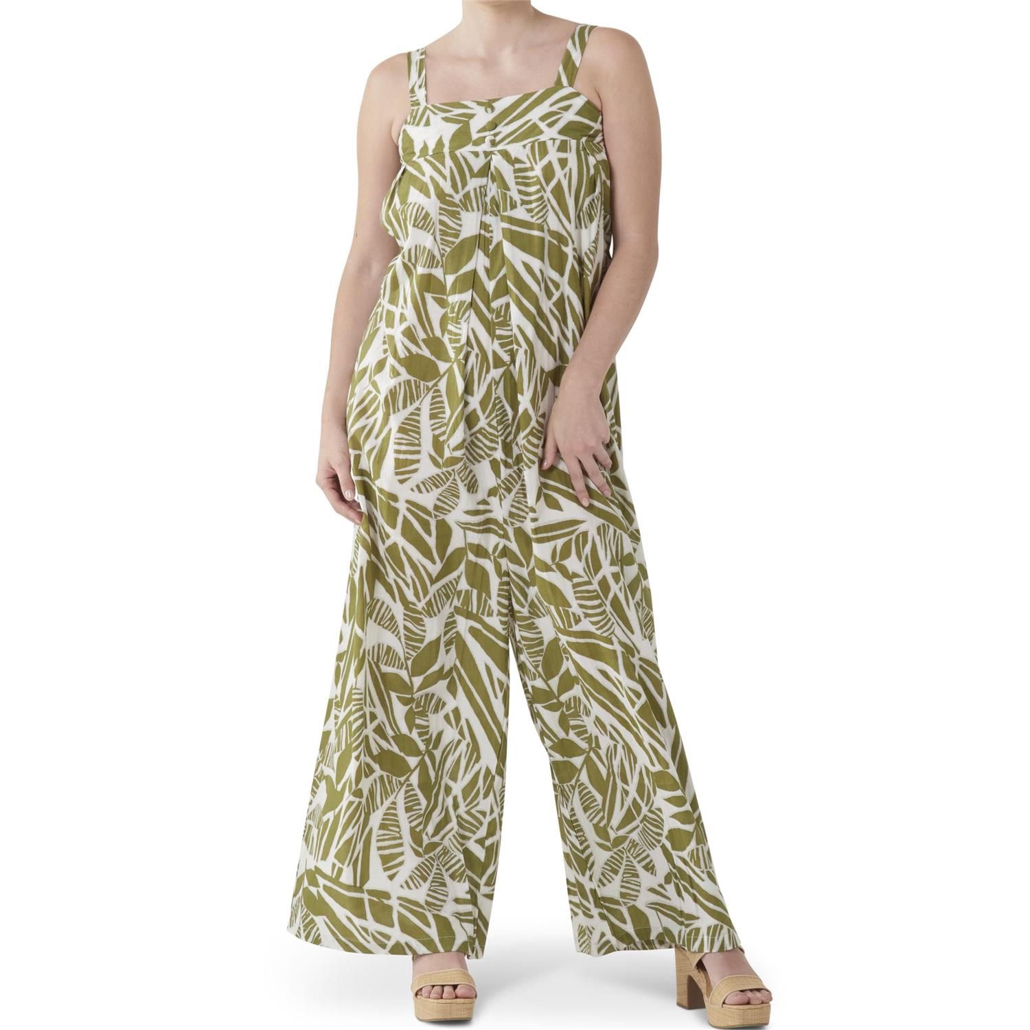 Crosstree Lanes White &amp; Green Leaves Jumpsuit